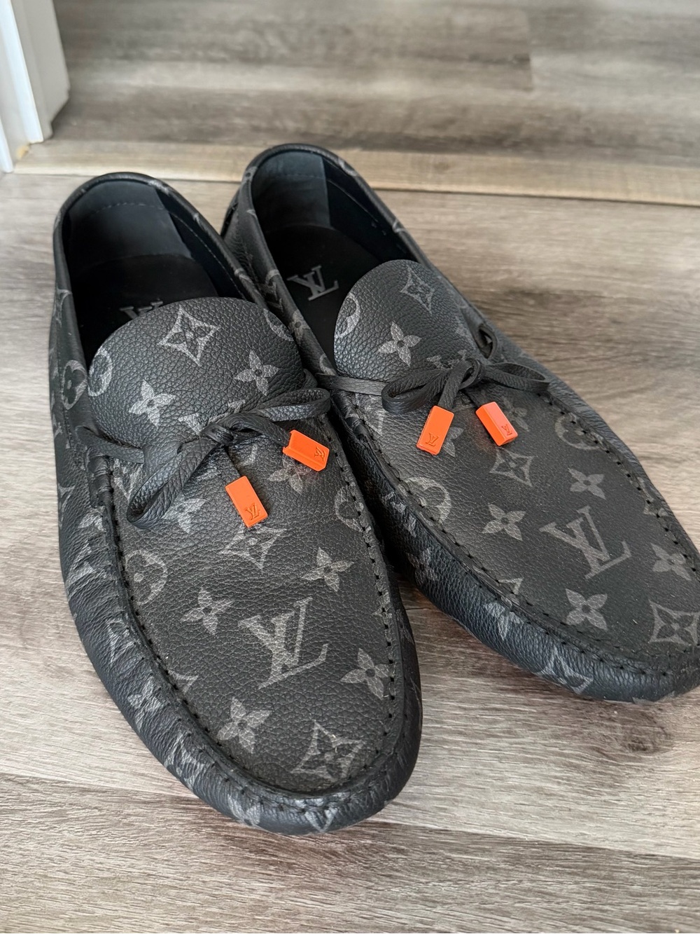 Louis Vuitton Black Monogram Driving Loafers with Orange Lace Tips